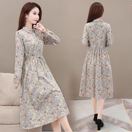 FA45639# 中长裙碎花裙棉麻连衣裙春秋收腰长袖气质显瘦裙子a字裙 服裝批發女裝批發服飾貨源