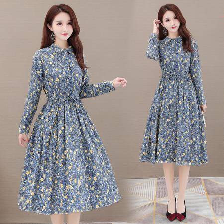 FA45639# 中长裙碎花裙棉麻连衣裙春秋收腰长袖气质显瘦裙子a字裙 服裝批發女裝批發服飾貨源