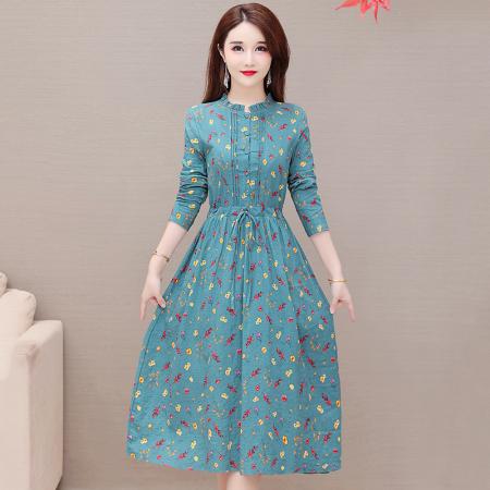 FA45640# 棉麻长袖连衣裙女春秋季新款高端气质名媛高级品牌全棉裙子 服裝批發女裝批發服飾貨源