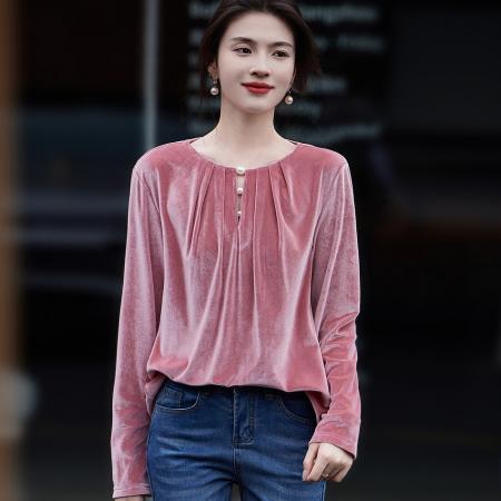 FA45643# 松雾玫瑰秋轻熟名媛风哑光丝绒上衣珍珠泡泡袖遮肉女式t恤 服裝批發女裝批發服飾貨源