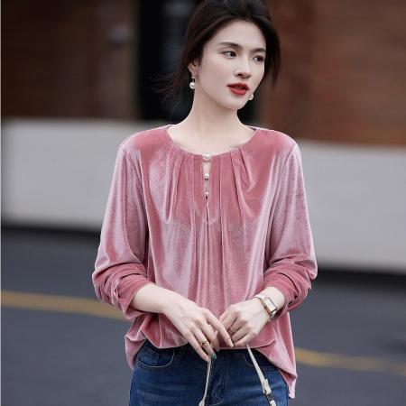 FA45643# 松雾玫瑰秋轻熟名媛风哑光丝绒上衣珍珠泡泡袖遮肉女式t恤 服裝批發女裝批發服飾貨源