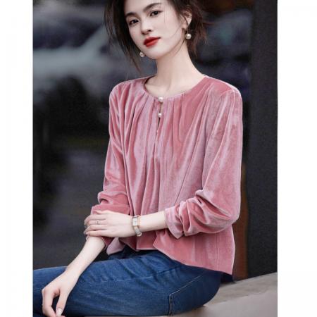 FA45643# 松雾玫瑰秋轻熟名媛风哑光丝绒上衣珍珠泡泡袖遮肉女式t恤 服裝批發女裝批發服飾貨源