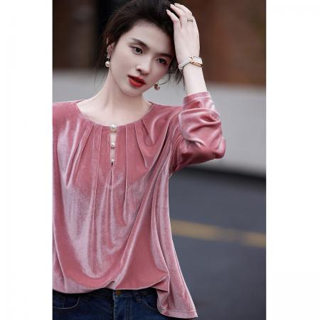 FA45643# 松雾玫瑰秋轻熟名媛风哑光丝绒上衣珍珠泡泡袖遮肉女式t恤 服裝批發女裝批發服飾貨源