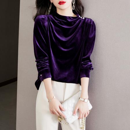 FA45644# 灯芯绒珍珠褶皱质感设计冬新品时尚气质复古女式打底衫 服裝批發女裝批發服飾貨源