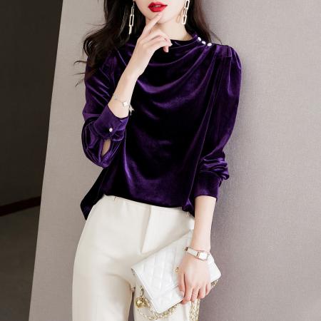 FA45644# 灯芯绒珍珠褶皱质感设计冬新品时尚气质复古女式打底衫 服裝批發女裝批發服飾貨源