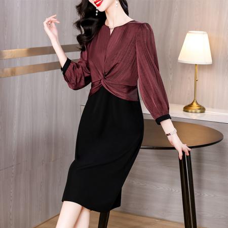 FA45647# 法式复古假两件连衣裙女早秋新款阔太太高贵洋气褶皱修身显瘦裙子 服裝批發女裝批發服飾貨源