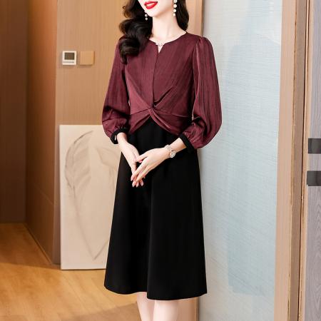 FA45647# 法式复古假两件连衣裙女早秋新款阔太太高贵洋气褶皱修身显瘦裙子 服裝批發女裝批發服飾貨源