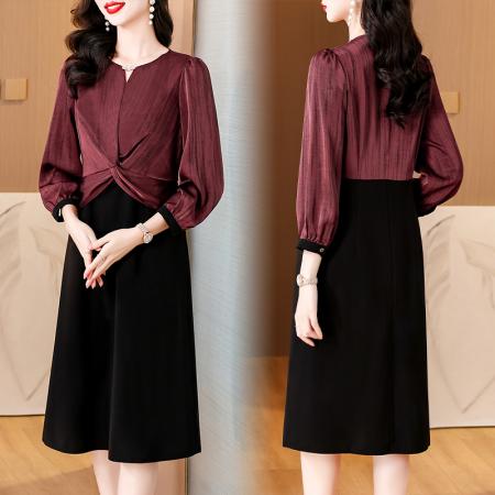 FA45647# 法式复古假两件连衣裙女早秋新款阔太太高贵洋气褶皱修身显瘦裙子 服裝批發女裝批發服飾貨源