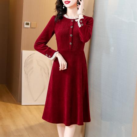 FA45648# 新款时尚优雅修身显瘦花边领连衣裙中长裙长袖 服裝批發女裝批發服飾貨源