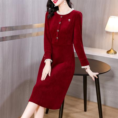 FA45648# 新款时尚优雅修身显瘦花边领连衣裙中长裙长袖 服裝批發女裝批發服飾貨源