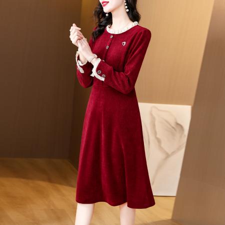 FA45648# 新款时尚优雅修身显瘦花边领连衣裙中长裙长袖 服裝批發女裝批發服飾貨源