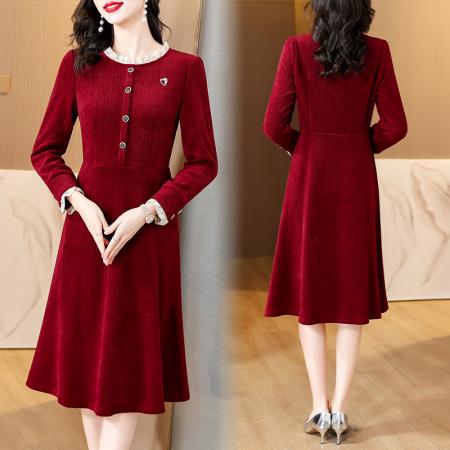 FA45648# 新款时尚优雅修身显瘦花边领连衣裙中长裙长袖 服裝批發女裝批發服飾貨源