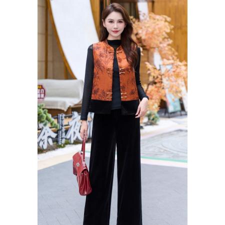 FA45653# 秋冬新款马甲套装套裤金丝绒保暖透气刺绣上衣时尚 服裝批發女裝批發服飾貨源