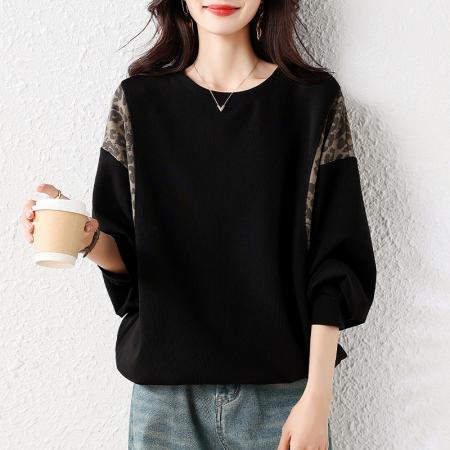 FA45654# 秋季新款时尚洋气宽松显瘦圆领百搭拼色豹纹休闲卫衣 服裝批發女裝批發服飾貨源