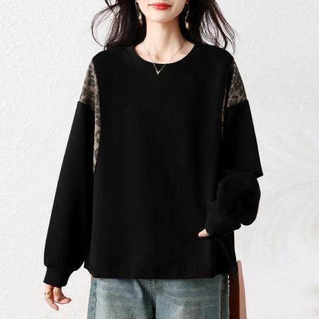 FA45654# 秋季新款时尚洋气宽松显瘦圆领百搭拼色豹纹休闲卫衣 服裝批發女裝批發服飾貨源