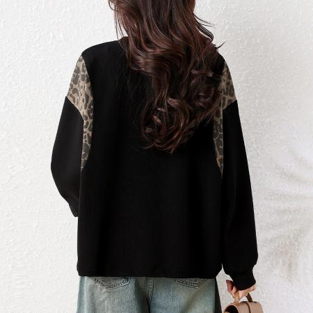 FA45654# 秋季新款时尚洋气宽松显瘦圆领百搭拼色豹纹休闲卫衣 服裝批發女裝批發服飾貨源