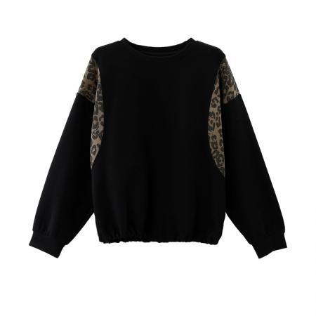 FA45654# 秋季新款时尚洋气宽松显瘦圆领百搭拼色豹纹休闲卫衣 服裝批發女裝批發服飾貨源