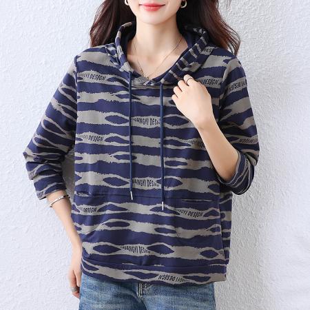 FA45657# 新款时尚洋气韩版条纹印花女士上衣宽松连帽百搭显瘦休闲卫衣 服裝批發女裝批發服飾貨源