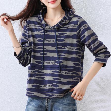 FA45657# 新款时尚洋气韩版条纹印花女士上衣宽松连帽百搭显瘦休闲卫衣 服裝批發女裝批發服飾貨源