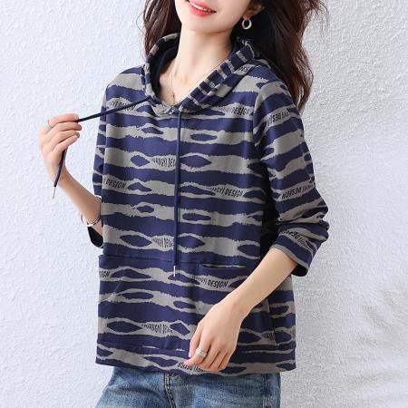 FA45657# 新款时尚洋气韩版条纹印花女士上衣宽松连帽百搭显瘦休闲卫衣 服裝批發女裝批發服飾貨源