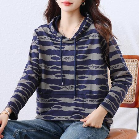 FA45657# 新款时尚洋气韩版条纹印花女士上衣宽松连帽百搭显瘦休闲卫衣 服裝批發女裝批發服飾貨源