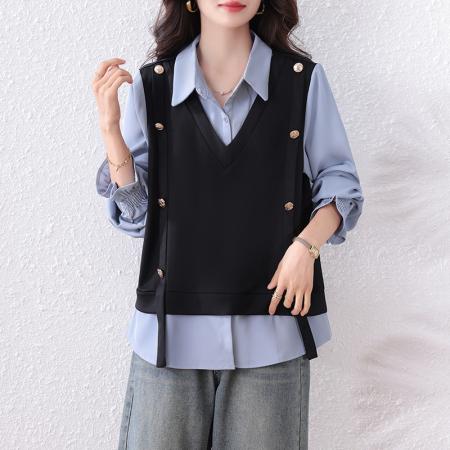 FA45658# 大码女装衬衫时尚休闲微胖显瘦假两件上衣韩版百搭秋季 服裝批發女裝批發服飾貨源