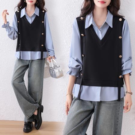 FA45658# 大码女装衬衫时尚休闲微胖显瘦假两件上衣韩版百搭秋季 服裝批發女裝批發服飾貨源