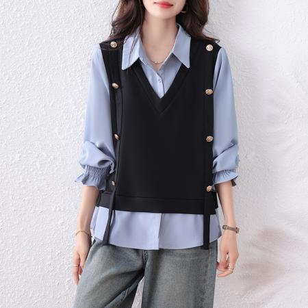 FA45658# 大码女装衬衫时尚休闲微胖显瘦假两件上衣韩版百搭秋季 服裝批發女裝批發服飾貨源