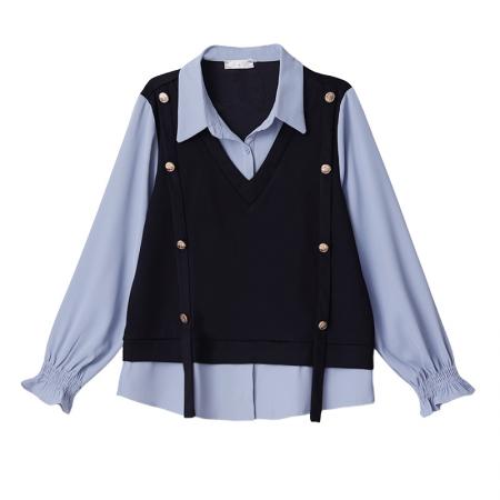 FA45658# 大码女装衬衫时尚休闲微胖显瘦假两件上衣韩版百搭秋季 服裝批發女裝批發服飾貨源