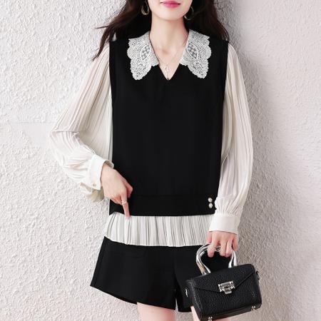 FA45659# 经典时光蕾丝拼接假两件衬衫女秋时尚气质显瘦上衣 服裝批發女裝批發服飾貨源