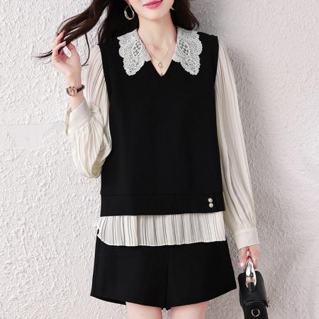 FA45659# 经典时光蕾丝拼接假两件衬衫女秋时尚气质显瘦上衣 服裝批發女裝批發服飾貨源