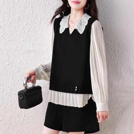 FA45659# 经典时光蕾丝拼接假两件衬衫女秋时尚气质显瘦上衣 服裝批發女裝批發服飾貨源