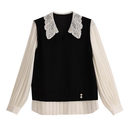 FA45659# 经典时光蕾丝拼接假两件衬衫女秋时尚气质显瘦上衣 服裝批發女裝批發服飾貨源