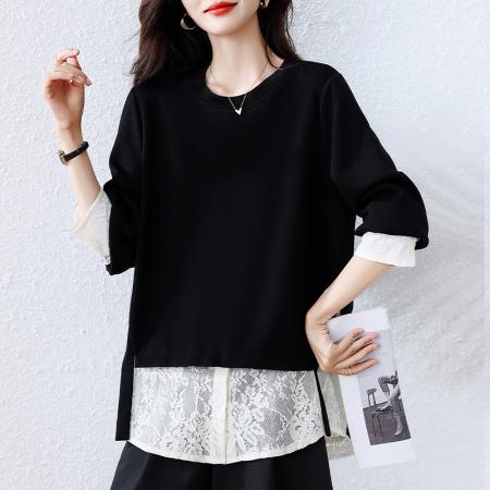 FA45660# 时尚蕾丝假两件圆领卫衣女早秋新款欧洲站大码黑色上衣 服裝批發女裝批發服飾貨源