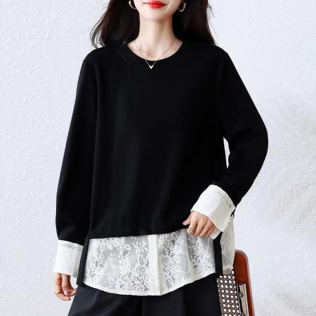 FA45660# 时尚蕾丝假两件圆领卫衣女早秋新款欧洲站大码黑色上衣 服裝批發女裝批發服飾貨源