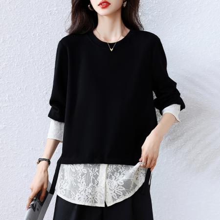 FA45660# 时尚蕾丝假两件圆领卫衣女早秋新款欧洲站大码黑色上衣 服裝批發女裝批發服飾貨源