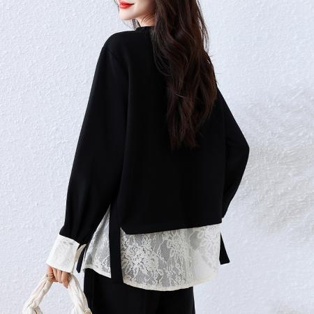 FA45660# 时尚蕾丝假两件圆领卫衣女早秋新款欧洲站大码黑色上衣 服裝批發女裝批發服飾貨源