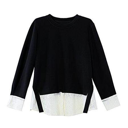 FA45660# 时尚蕾丝假两件圆领卫衣女早秋新款欧洲站大码黑色上衣 服裝批發女裝批發服飾貨源