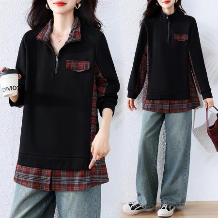 FA45661# 时尚立领黑色卫衣女早秋新款中长款上衣欧洲站大码女装 服裝批發女裝批發服飾貨源