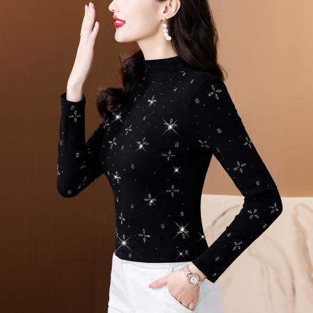 FA45662# 秋冬新款大码女装欧货重工烫钻四叶草高领长袖上衣打底衫 服裝批發女裝批發服飾貨源