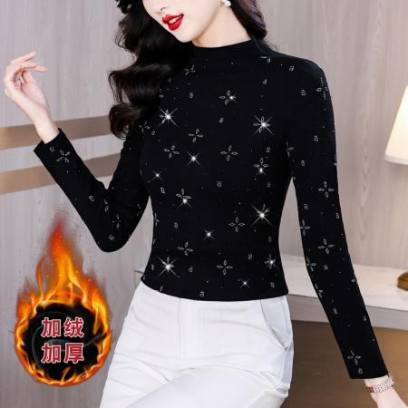 FA45662# 秋冬新款大码女装欧货重工烫钻四叶草高领长袖上衣打底衫 服裝批發女裝批發服飾貨源