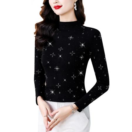 FA45662# 秋冬新款大码女装欧货重工烫钻四叶草高领长袖上衣打底衫 服裝批發女裝批發服飾貨源