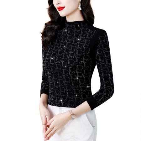 FA45663# 秋冬高档字母烫钻亮片高领长袖棉t恤洋气上衣打底衫 服裝批發女裝批發服飾貨源