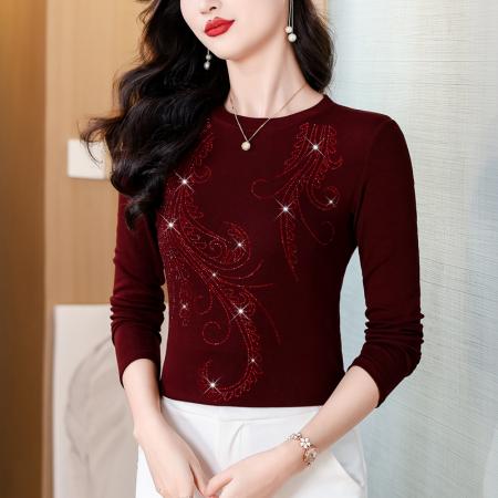 FA45664# 秋冬新款高货烫钻凤尾图案圆领长袖棉t恤洋气上衣女 服裝批發女裝批發服飾貨源