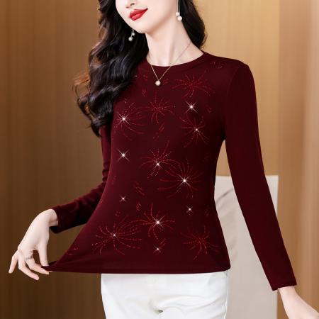 FA45665# 秋冬新款高档烫钻烟花图案圆领长袖棉t恤洋气上衣女 服裝批發女裝批發服飾貨源