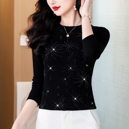 FA45665# 秋冬新款高档烫钻烟花图案圆领长袖棉t恤洋气上衣女 服裝批發女裝批發服飾貨源