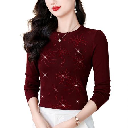 FA45665# 秋冬新款高档烫钻烟花图案圆领长袖棉t恤洋气上衣女 服裝批發女裝批發服飾貨源