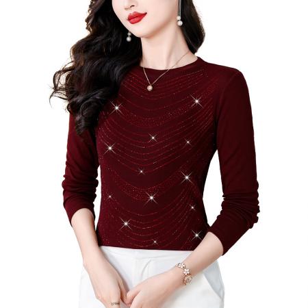 FA45666# 秋冬新款大码女装重工烫钻圆领长袖棉t恤洋气上衣女 服裝批發女裝批發服飾貨源