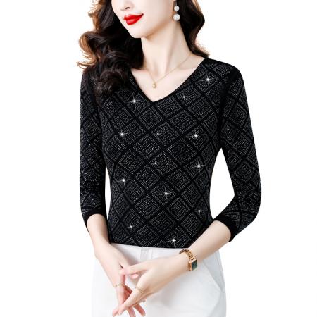 FA45667# 秋季新款高档重工烫钻方块图案气质显瘦V领长袖棉T恤 服裝批發女裝批發服飾貨源
