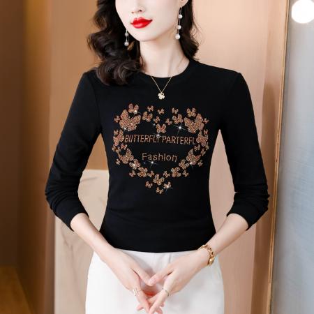 FA45668# 秋冬新款重工桃心蝴蝶花型字母烫钻圆领长袖棉t恤 服裝批發女裝批發服飾貨源